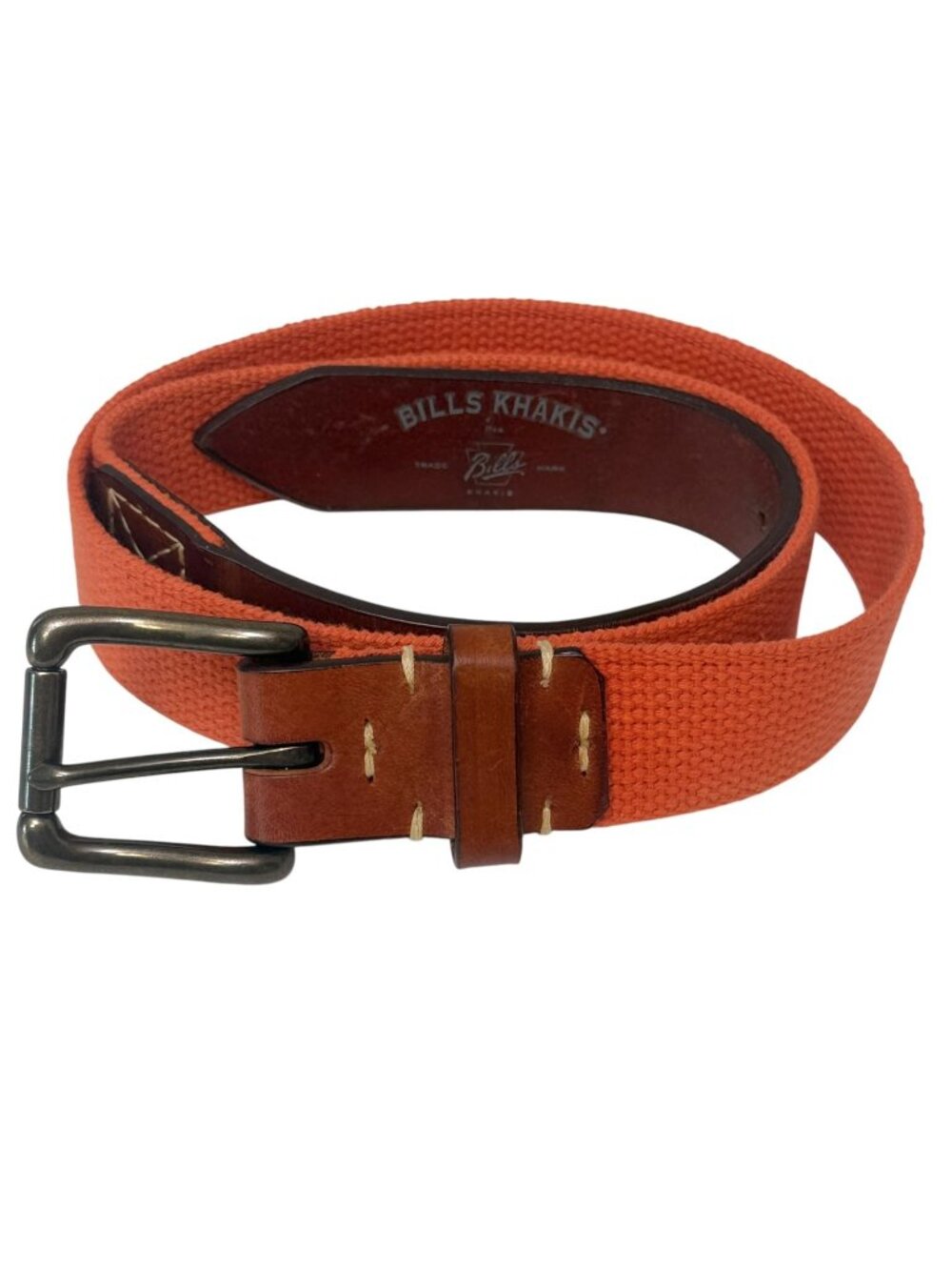 BILLS KHAKIS Mens Belt Size 34 Orange Cotton Webbing Brown Bridle Leather Preppy